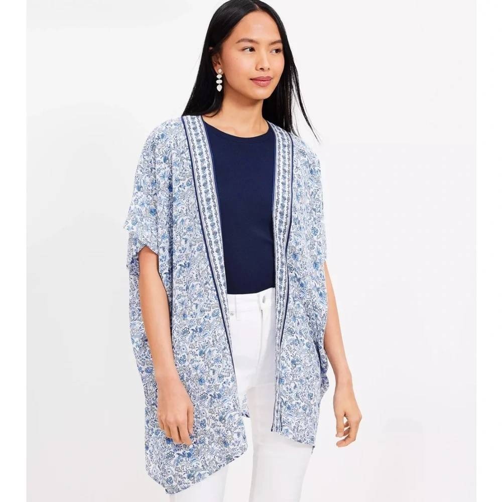 Loft Blue White Floral Kimono Wrap Open Front Modal Shawl‎ 767690 SP24 M/L